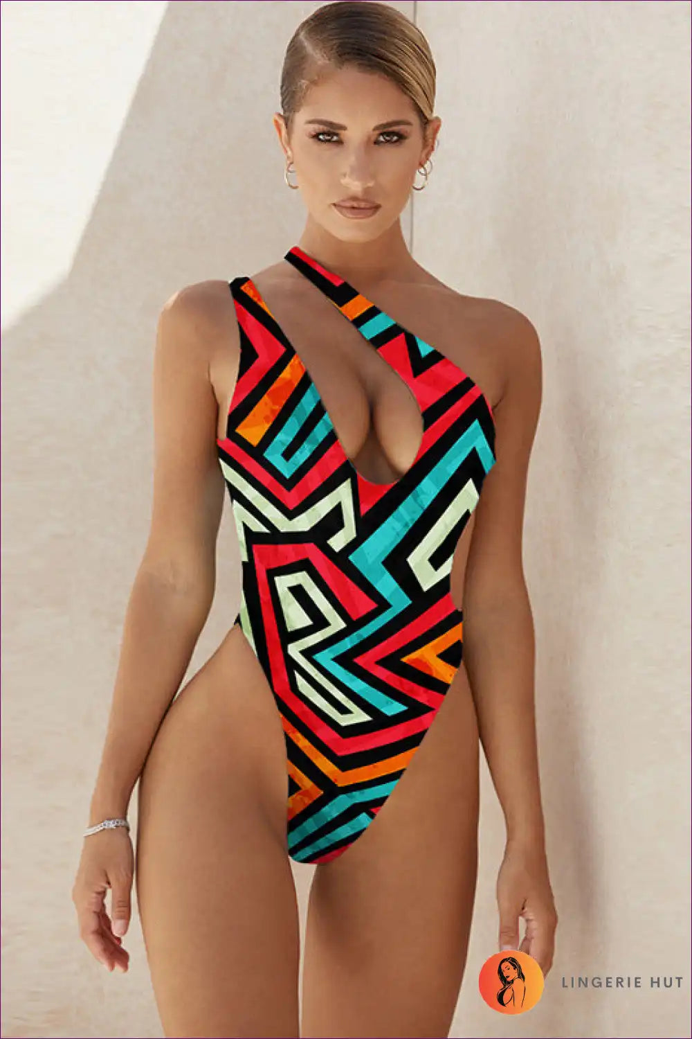 One Shoulder Swimsuit with Geometric Print - Confident Poolside Energy for Backless, Beachwear, Casual,