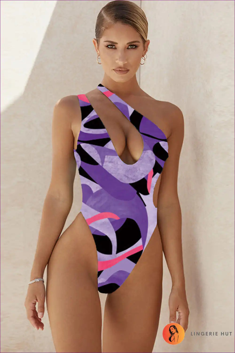 One Shoulder Swimsuit with Geometric Print - Confident Poolside Energy for Backless, Beachwear, Casual,