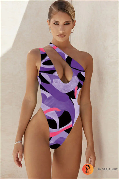 One Shoulder Swimsuit with Geometric Print - Confident Poolside Energy for Backless, Beachwear, Casual,