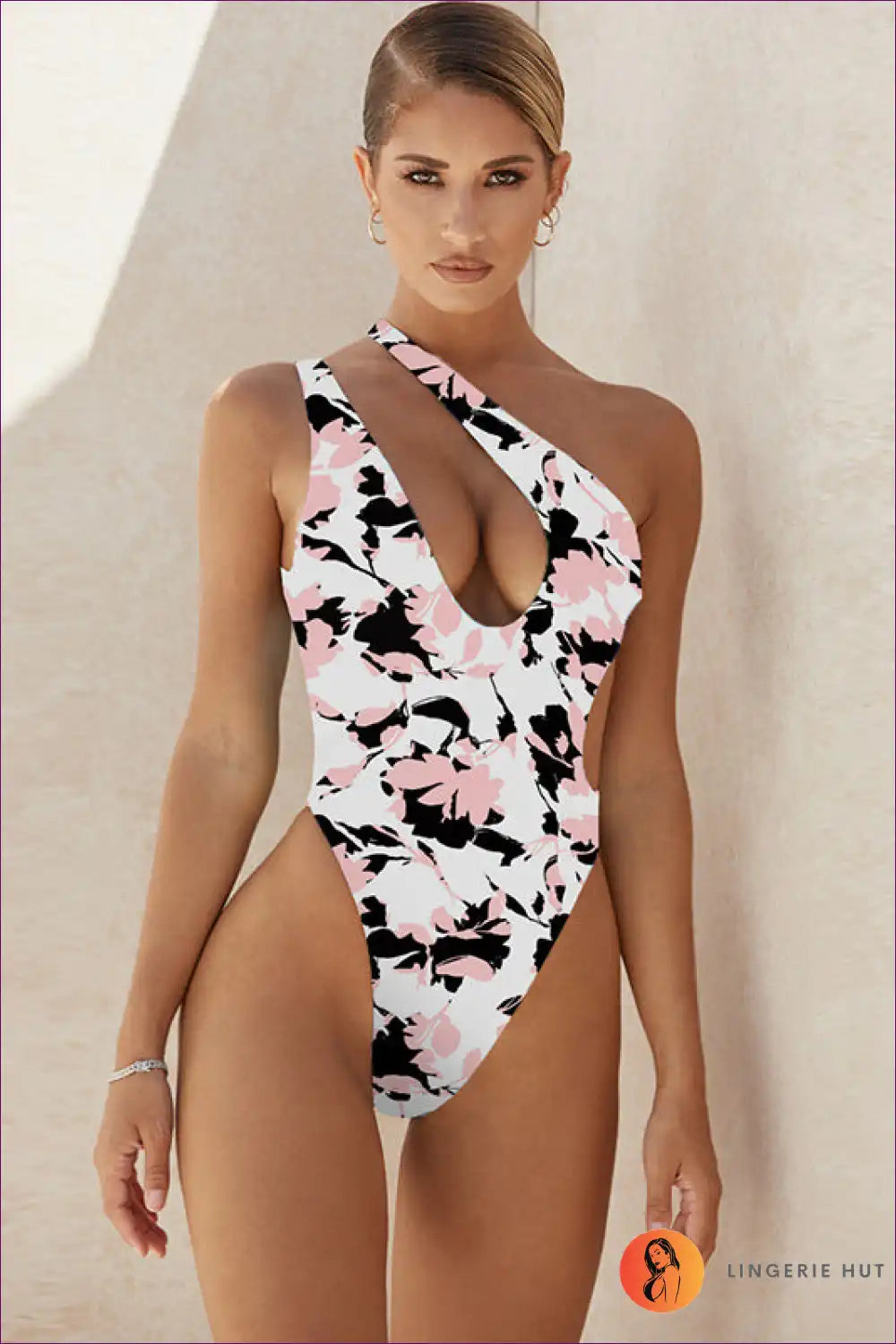 One Shoulder Swimsuit with Geometric Print - Confident Poolside Energy for Backless, Beachwear, Casual,