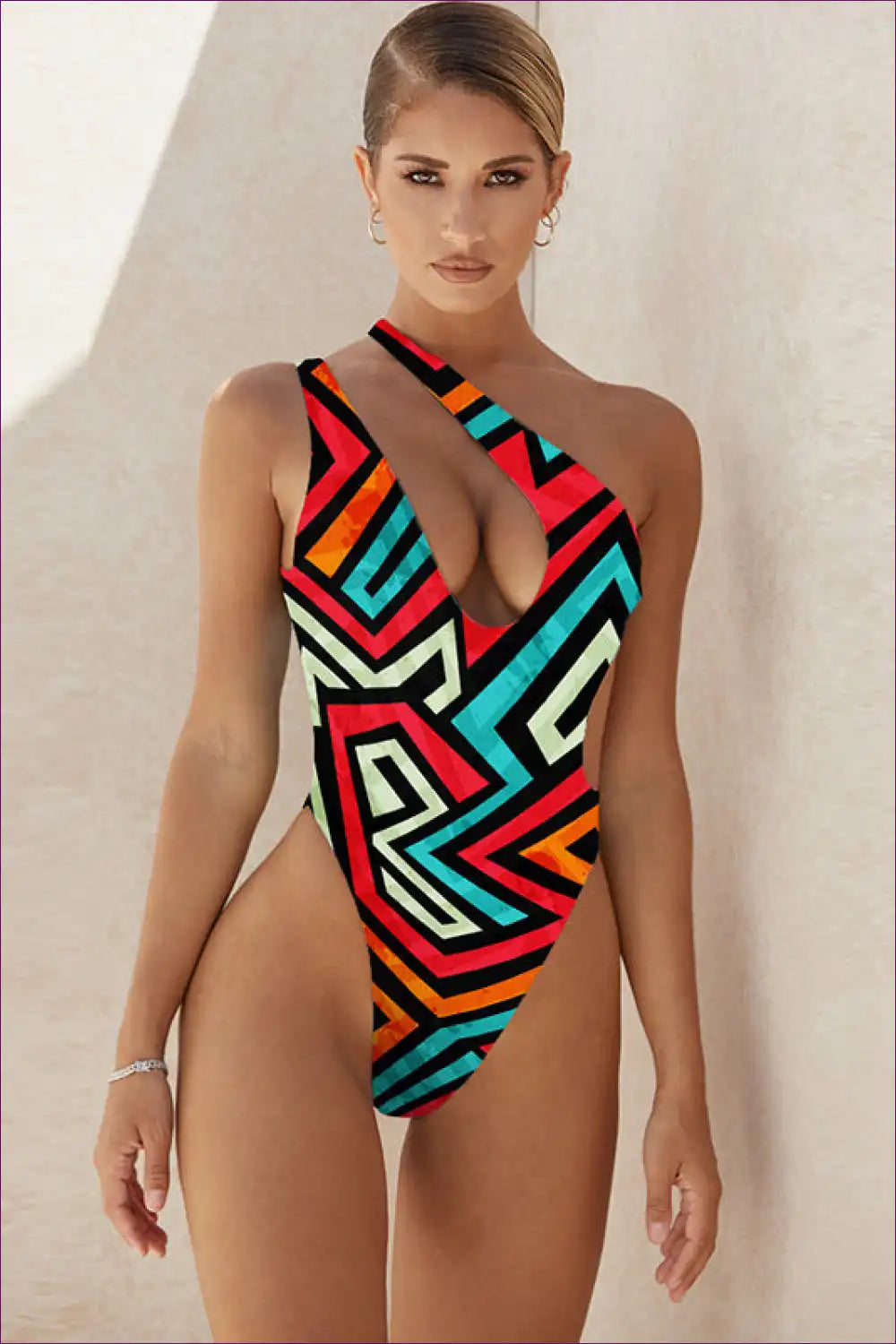 One Shoulder Swimsuit with Geometric Print - Confident Poolside Energy for Backless, Beachwear, Casual,