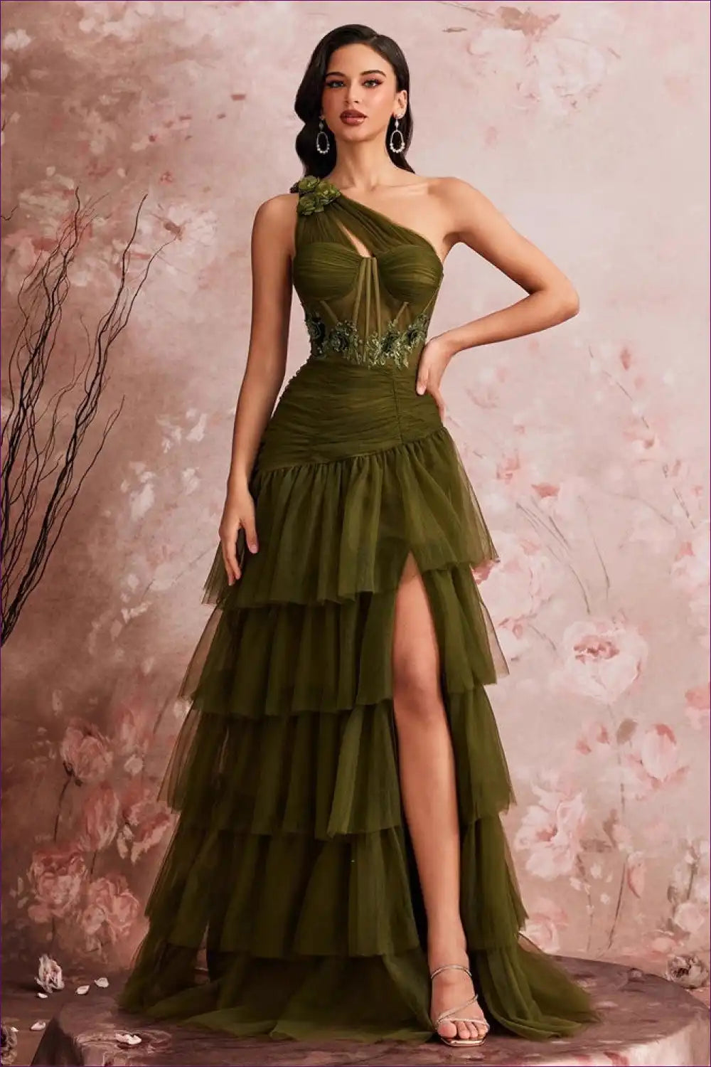 One Shoulder Tiered Tulle Maxi Dress with Slit - Luxe Occasions for A-line, Dresses, Evening Wear, Floral,