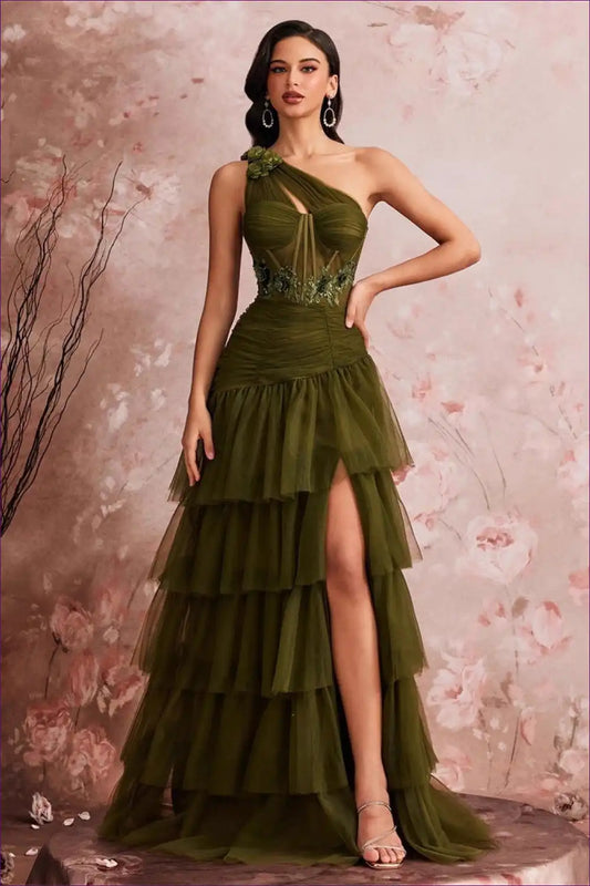One Shoulder Tiered Tulle Maxi Dress with Slit - Luxe Occasions for A-line, Dresses, Evening Wear, Floral,