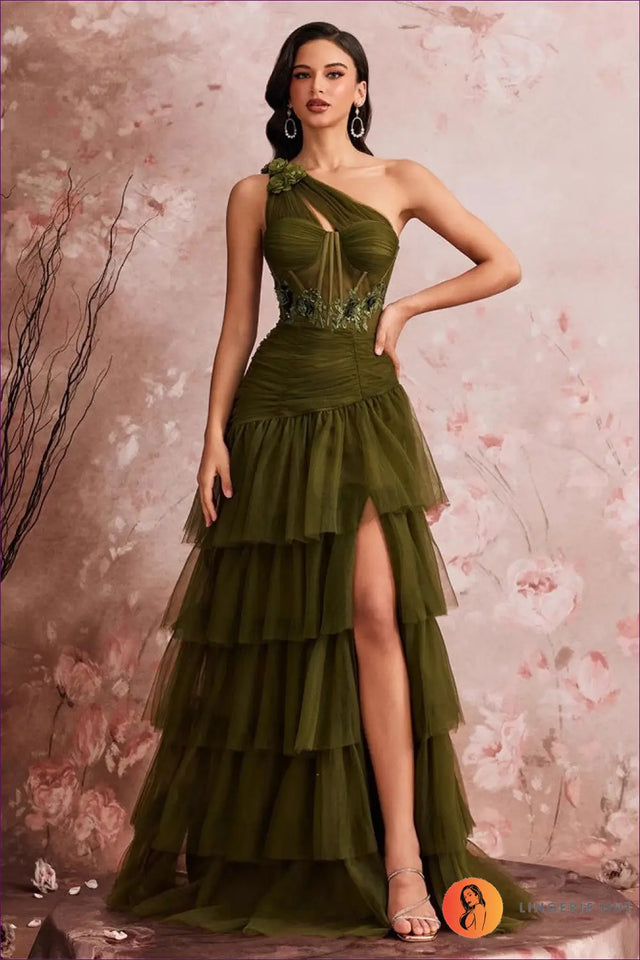 One Shoulder Tiered Tulle Maxi Dress with Slit - Luxe Occasions