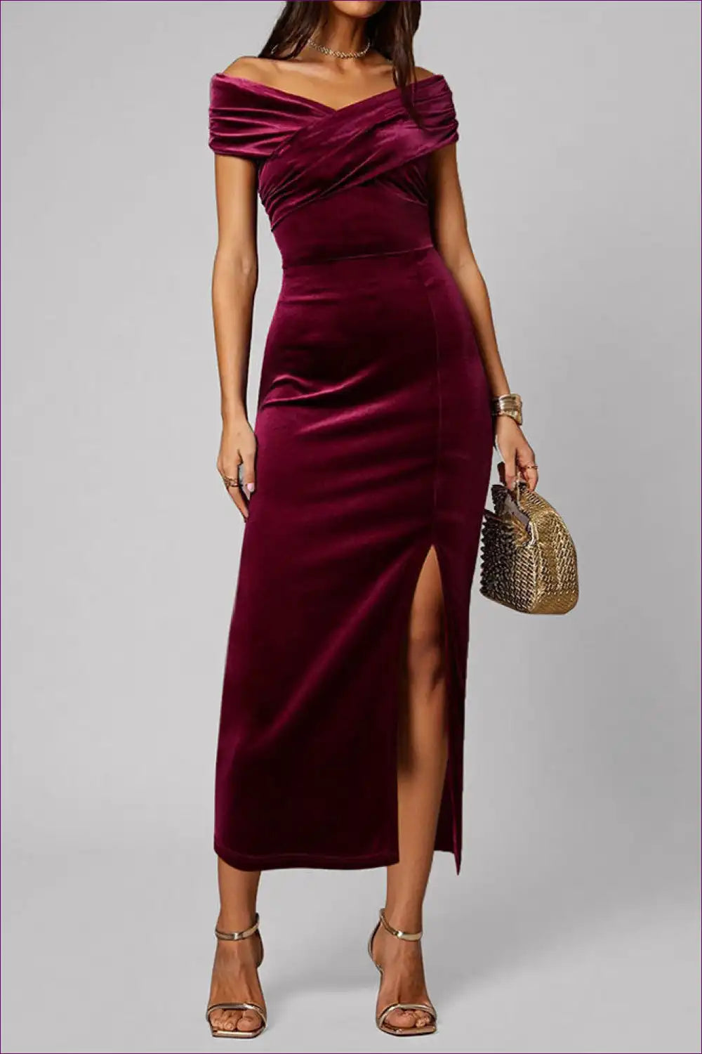 Off-shoulder Velvet Midi Dress with Front Split - Winter Elegance for Autumn, Bodycon, Evening Wear, Formal