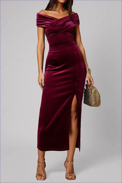 Off-shoulder Velvet Midi Dress with Front Split - Winter Elegance for Autumn, Bodycon, Evening Wear, Formal