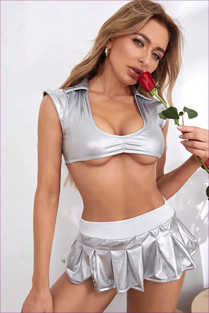 Silver Metallic Crop Top and Pleated Mini Skirt Set for Futuristic Play All Season, Clubwear, co Ord,