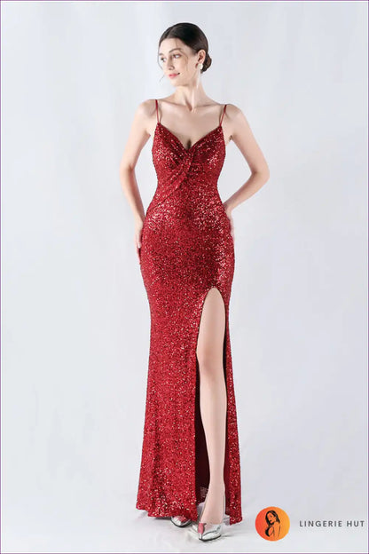 Silver Sequin Halter Maxi Dress with Thigh Slit for All Season, Date Night, Dress, Dresses, Evening Wear