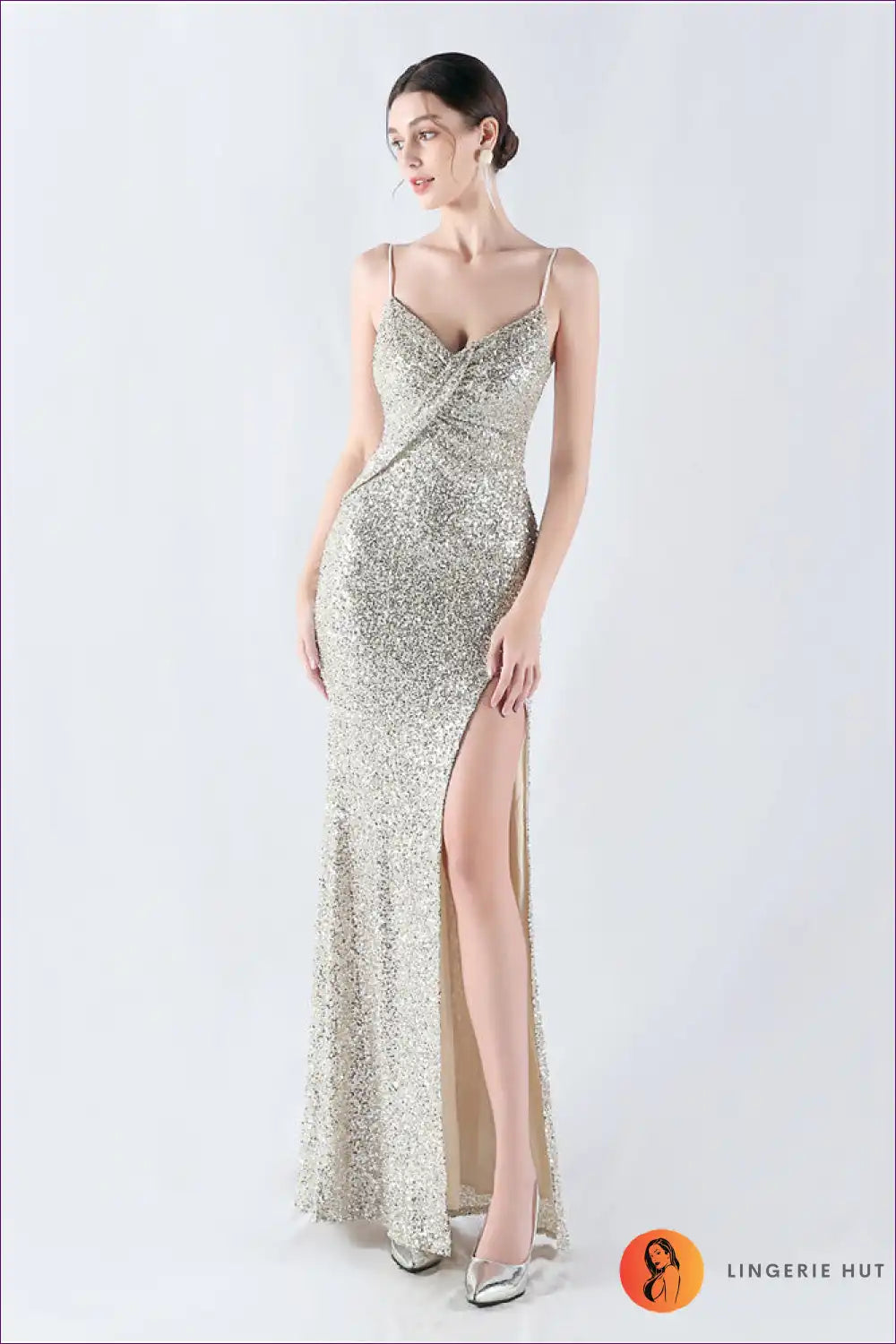 Silver Sequin Halter Maxi Dress with Thigh Slit for All Season, Date Night, Dress, Dresses, Evening Wear