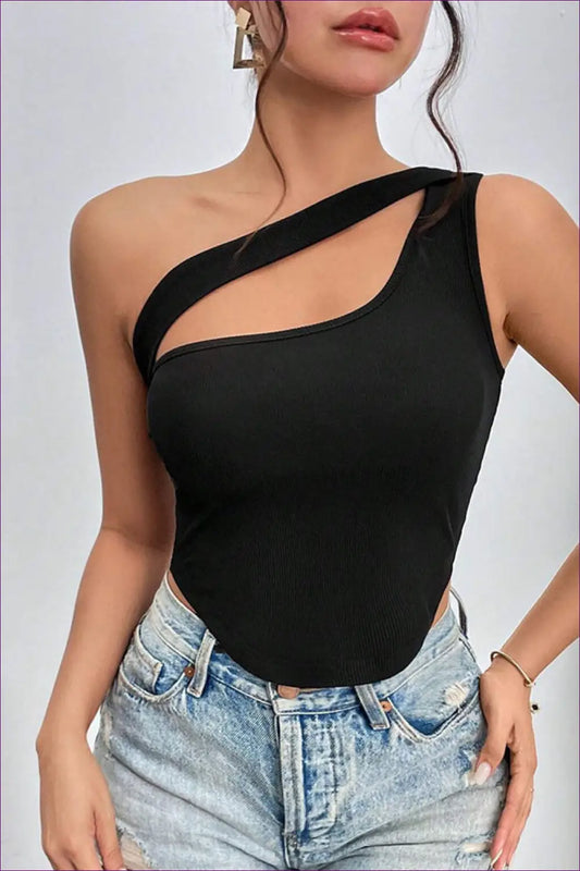 Unveil Your Bold Side With Our Sizzling Asymmetric Cutout Shoulder Wrapped Top. Slim Fit, Unique Design,