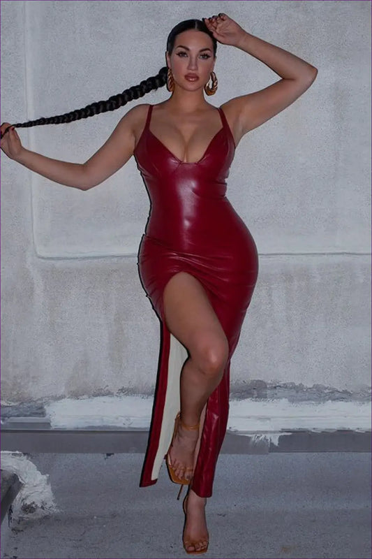 Sizzling Red Faux Leather Maxi Dress - Bold Glamour for Bodycon, Clubwear, Cutout, Dress,