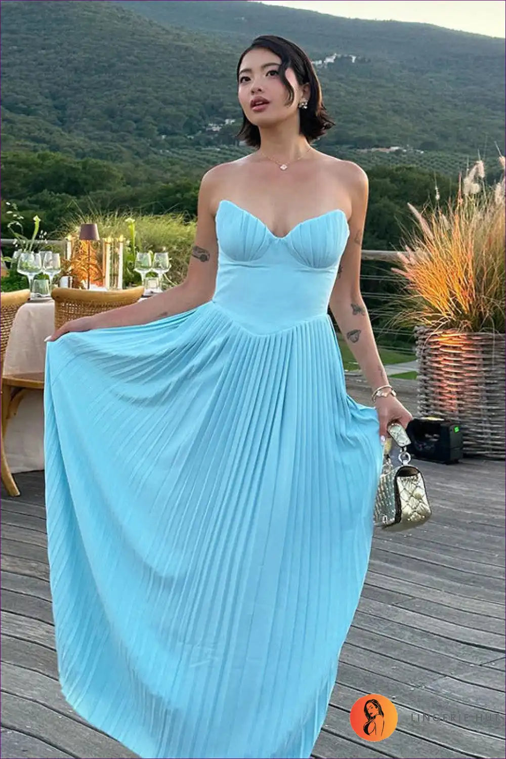 Sky Blue Pleated Maxi Dress - Ethereal Elegance for Unforgettable Nights a Line, Chiffon, Dress, Everyday,