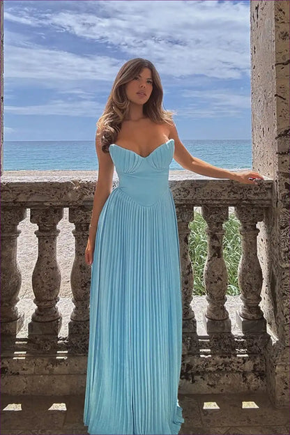 Sky Blue Pleated Maxi Dress - Ethereal Elegance for Unforgettable Nights a Line, Chiffon, Dress, Everyday,