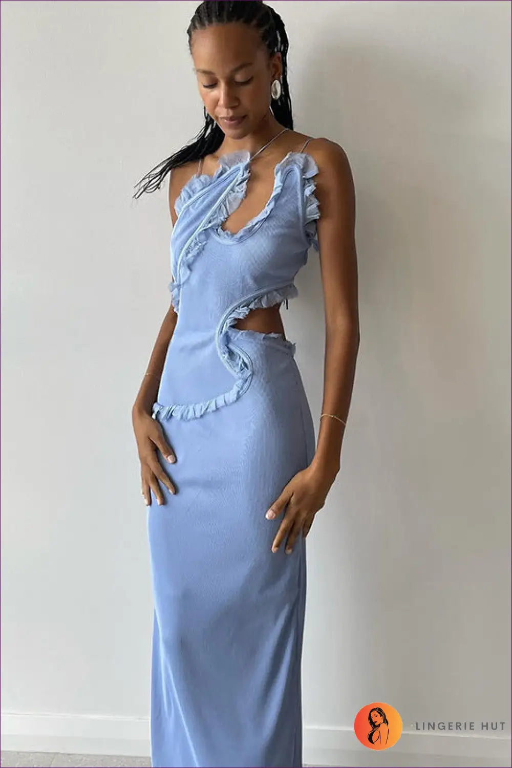 Sky Blue Siren Midi Dress - Daring Cutouts & Ruffles for Bodycon, Clubwear, Cutout, Dress, Glamour