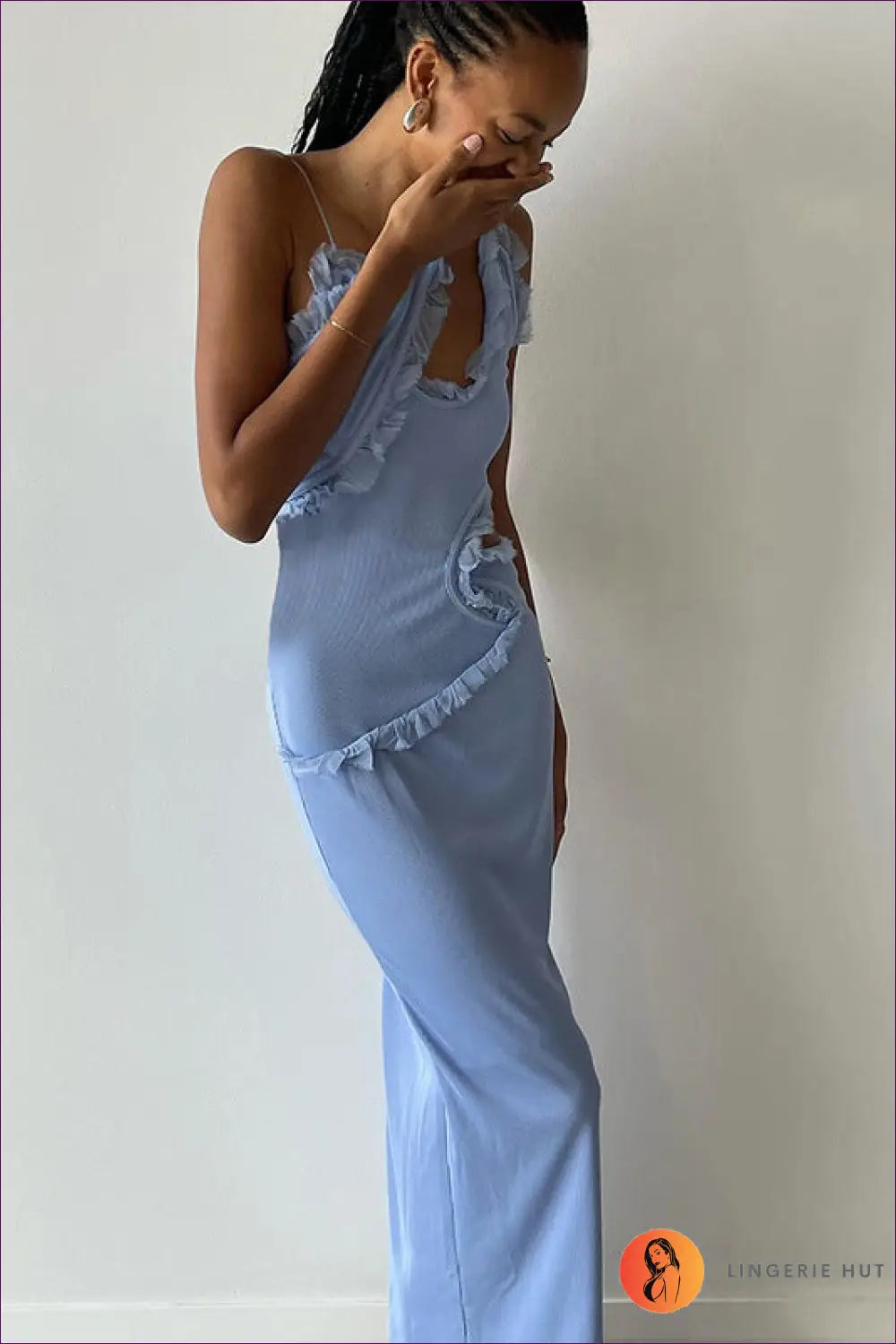 Sky Blue Siren Midi Dress - Daring Cutouts & Ruffles for Bodycon, Clubwear, Cutout, Dress, Glamour