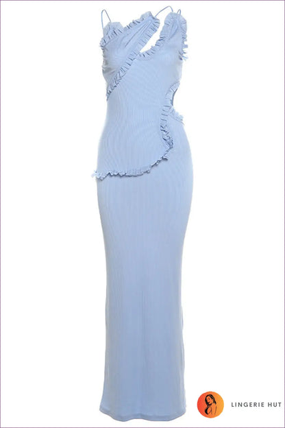 Sky Blue Siren Midi Dress - Daring Cutouts & Ruffles for Bodycon, Clubwear, Cutout, Dress, Glamour