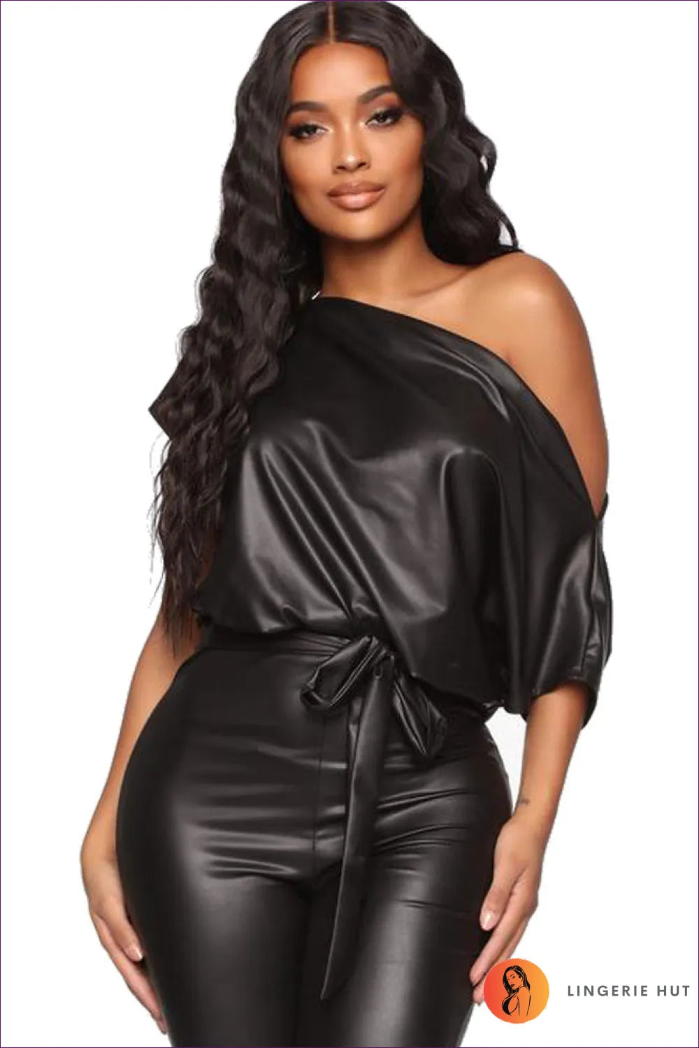 Seize The Day In Lingerie Hut’s Stretch Sexy Faux Leather Waist Slant Shoulder Lace-up Jumpsuit.