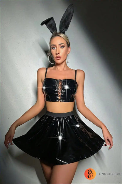 Sleek Black Vinyl Co-ord Set - Daring Nightlife Elegance for Clubwear, co Ord, Crop, Cutout, Latex