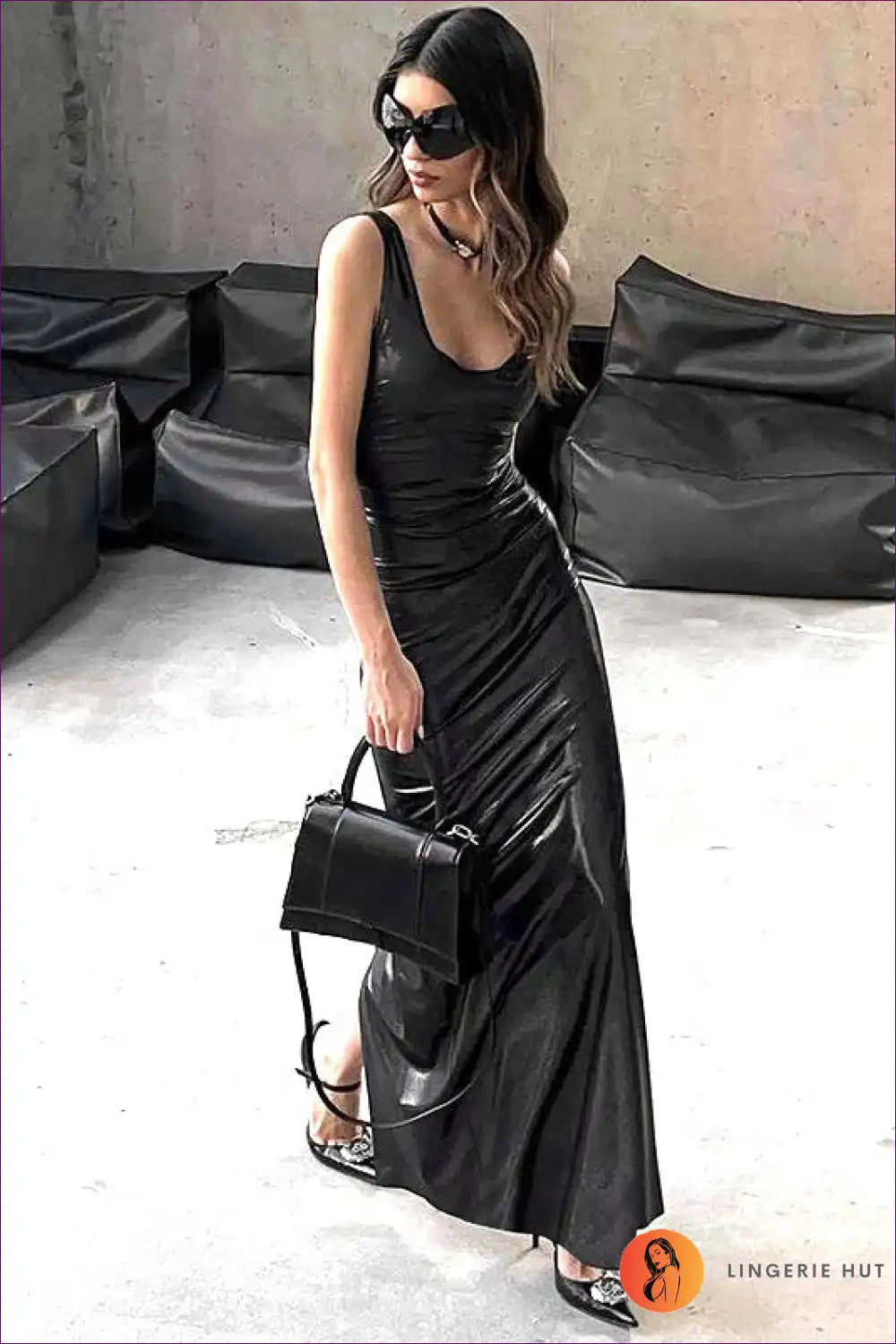 Sleek Faux Leather Split Maxi Dress for Party Nights Bodycon, Clubwear, Evening Wear, Leather,