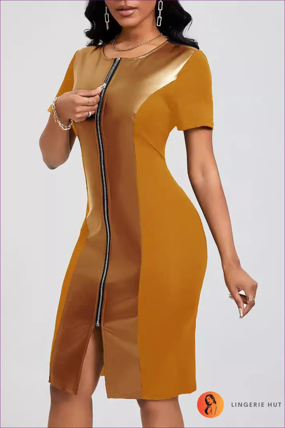 Sleek Gold Zip-up Dress – Modern & Chic