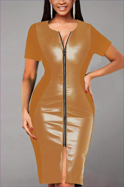 Sleek Gold Zip-up Dress – Modern & Chic