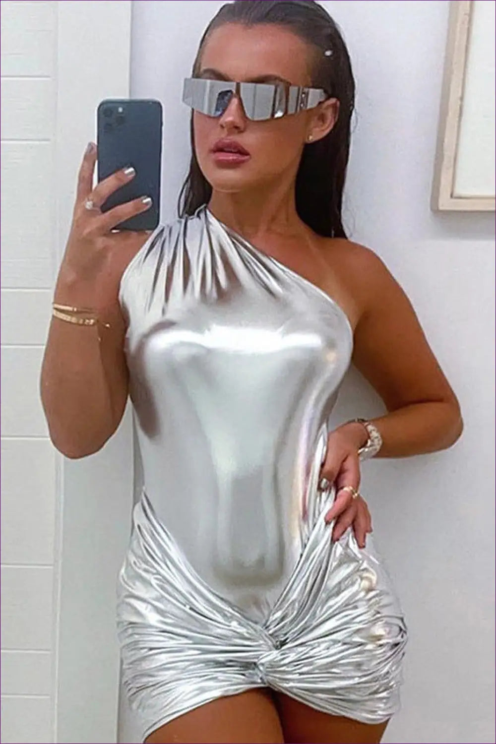 Sleek Silver One-shoulder Mini Dress - Futuristic Glamour for Bodycon, Clubwear, Dress, Mini, Night