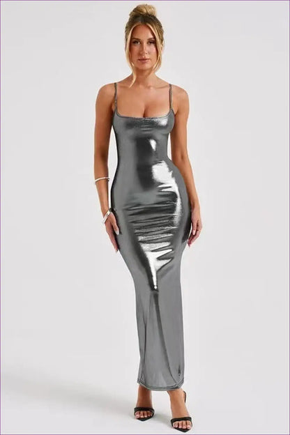 Sleek Silver Satin Maxi Dress - Radiate Luxe Glamour for Bodycon, Date Night, Dress, Glamour,