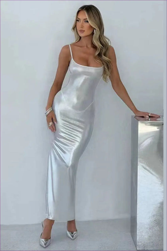 Sleek Silver Satin Maxi Dress - Radiate Luxe Glamour for Bodycon, Date Night, Dress, Glamour,