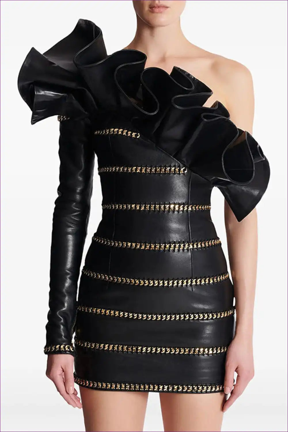 One-sleeve Faux Leather Dress with Chain Detail - Edgy Evening Energy for Evening Wear, Formal Leather, Sexy