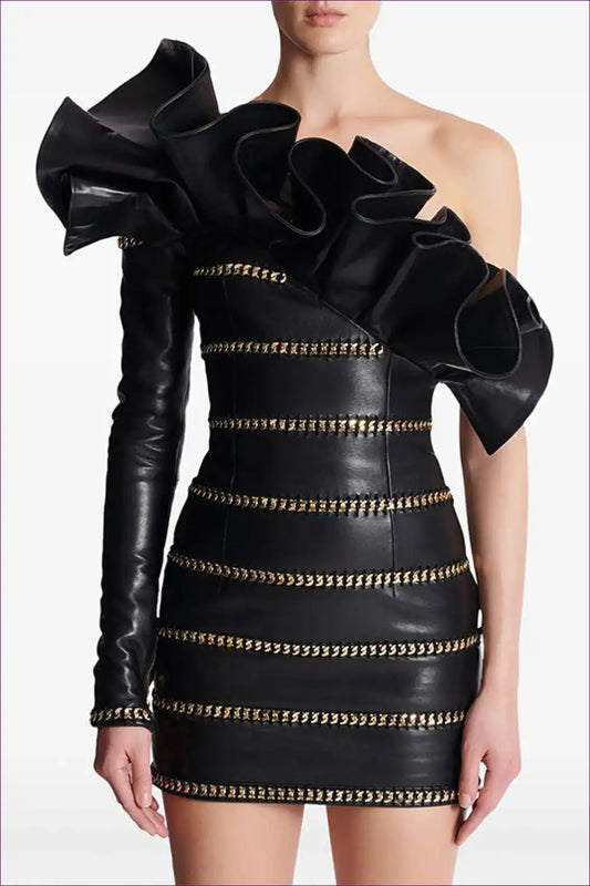 One-sleeve Faux Leather Dress with Chain Detail - Edgy Evening Energy for Evening Wear, Formal Leather, Sexy