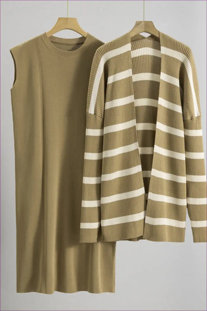 Sleeveless Knit Midi Dress and Striped Cardigan Set - Effortless Layering for co Ord, just In, Midi,