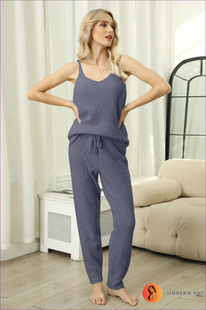 Elevate Your Lounging Style With Our Sleeveless Knitted Tie Lounge Set. Top, Loose Fit Bottoms, And Adjustable