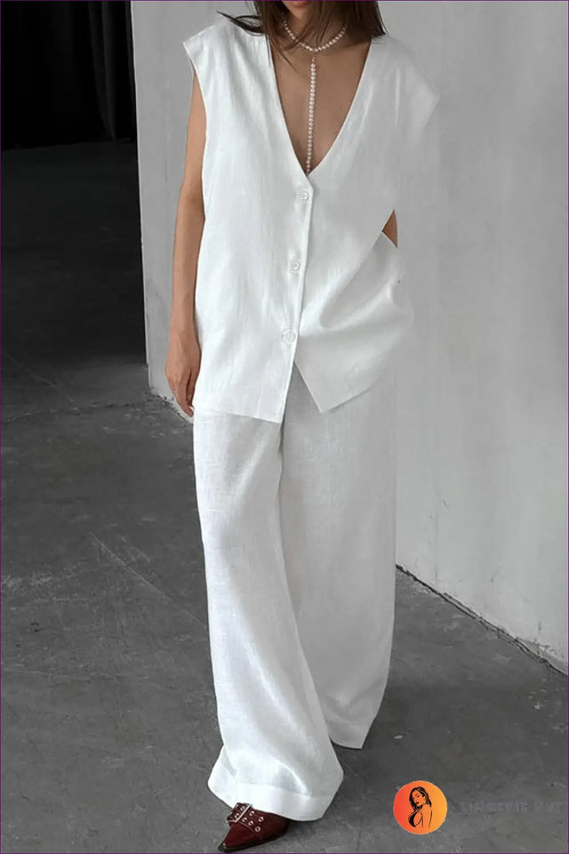 Sleeveless Co Ord Set with Button Details - Understated Ease
