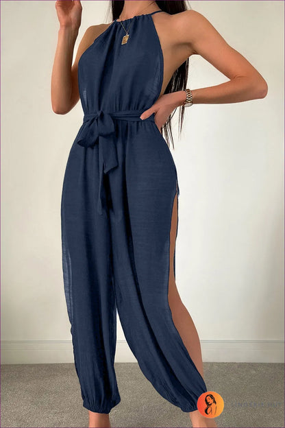 Elevate Your Beach Style With Our Sleeveless Tie-waist Jumpsuit Cover-up. Cool, Chic, And Sun-protective, It’s