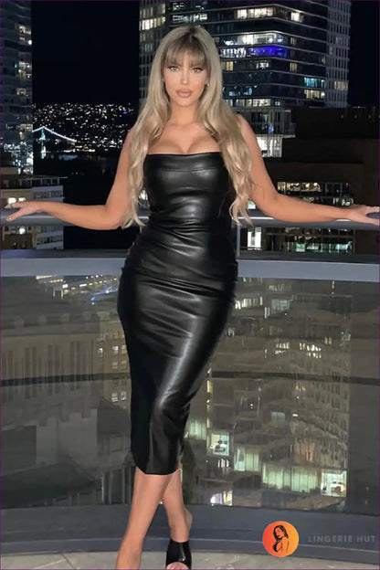 Slim Faux Leather Midi Dress with Spaghetti Straps - Night Mood Energy for Bodycon, Clubwear, Date Night,