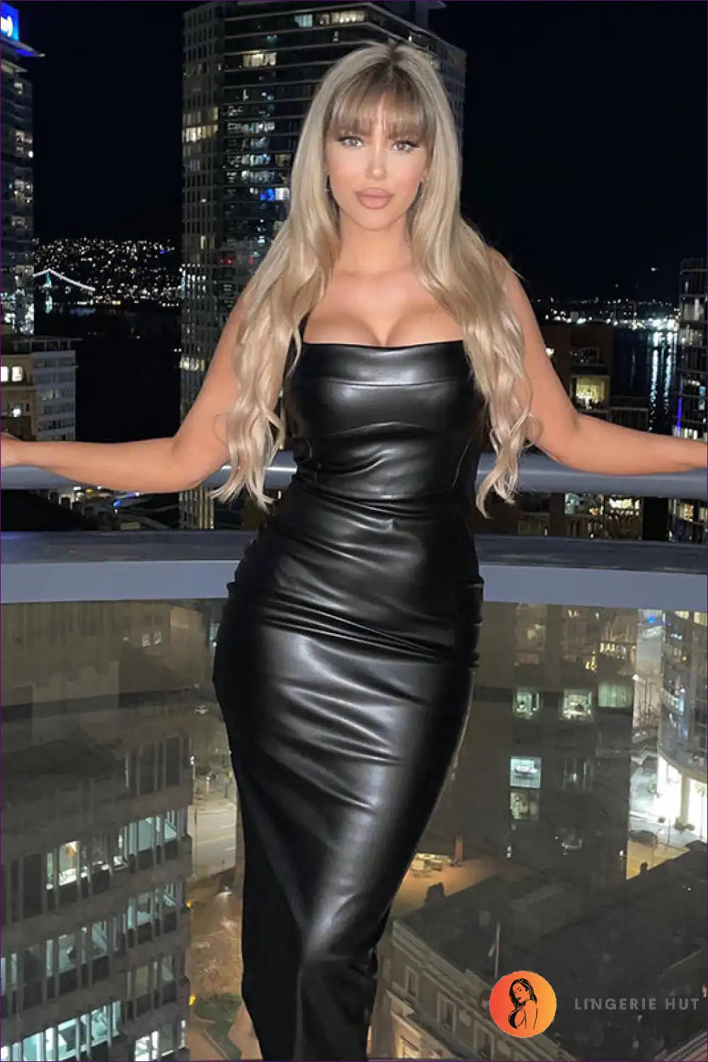 Slim Faux Leather Midi Dress with Spaghetti Straps - Night Mood Energy for Bodycon, Clubwear, Date Night,