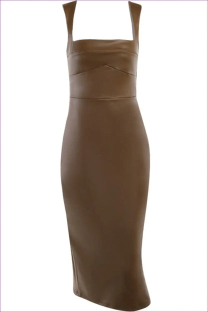 Slim Faux Leather Midi Dress with Spaghetti Straps - Night Mood Energy for Bodycon, Clubwear, Date Night,
