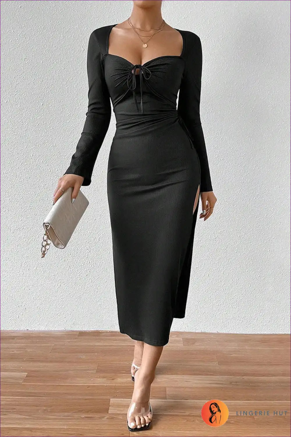 Slim Fit French Midi Dress with Slit – Elegant Evening Look