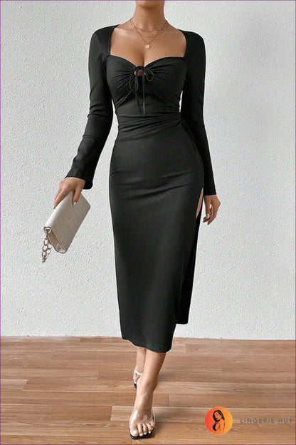 Slim Fit French Midi Dress with Slit – Elegant Evening Look