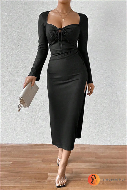 Slim Fit Long Sleeve Midi Dress with Side Slit - Dresses - Autumn • Bodycon • Bodycon Midi Dress • Evening Wear