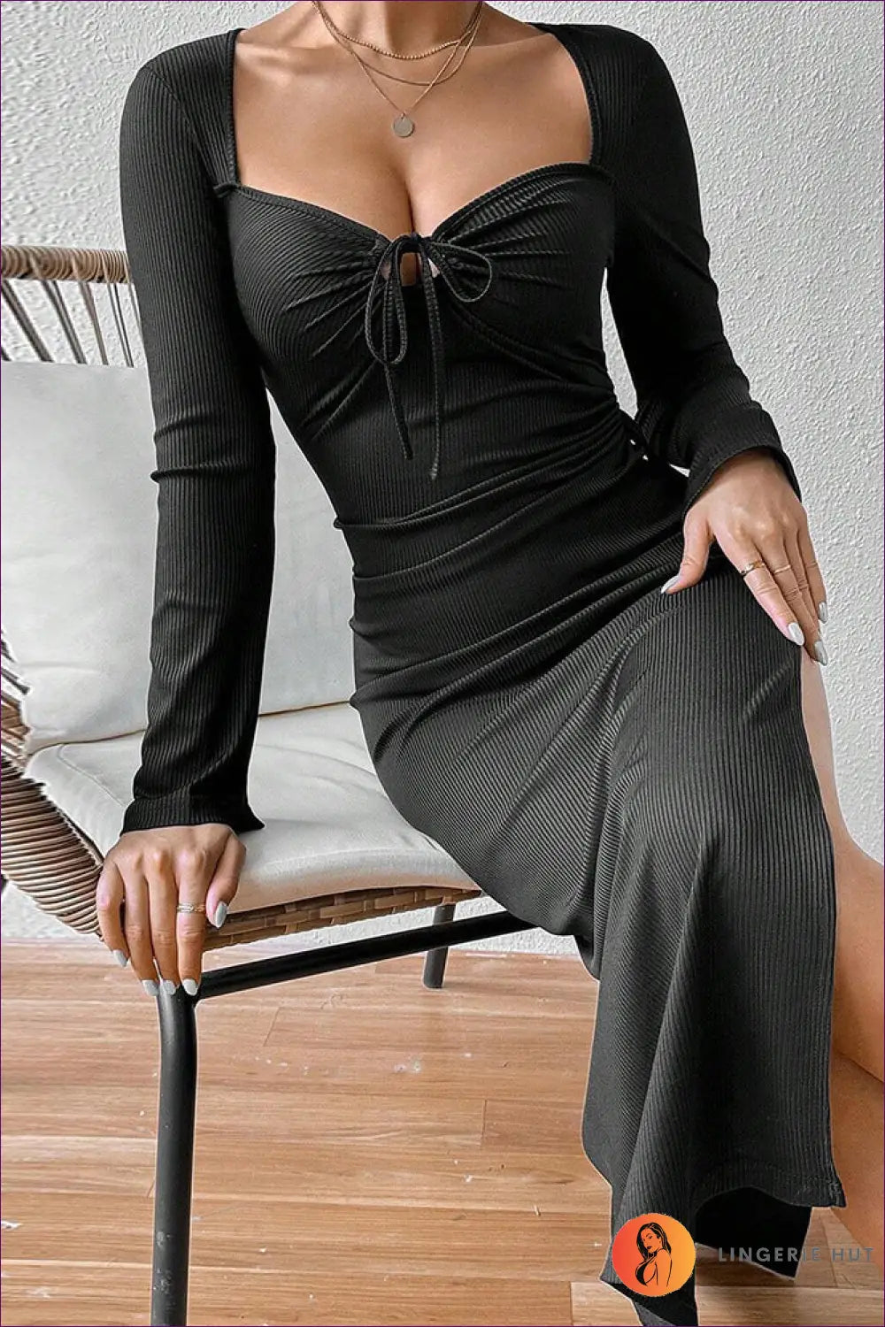 Slim Fit Long Sleeve Midi Dress with Side Slit - Dresses - Autumn • Bodycon • Bodycon Midi Dress • Evening Wear