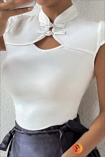 Slim Top with Mandarin Collar - Modern Minimalist Chic for All Season, Casual, Chiffon, Crop, Cutout