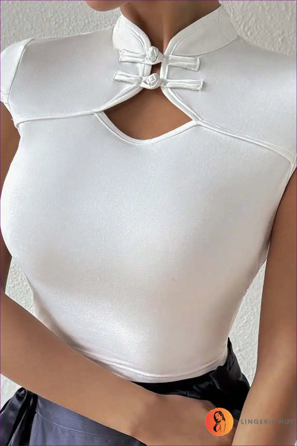 Slim Top with Mandarin Collar - Modern Minimalist Chic for All Season, Casual, Chiffon, Crop, Cutout