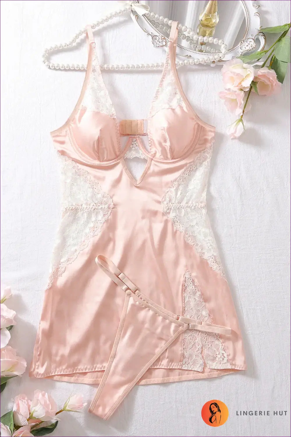 Slip Dress with Deep v & Lace Panels - Effortless Evening Ritual - Nude / Xs - Nightdress - Lingerie Hut - Boudoir