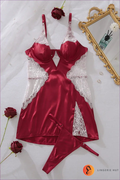 Slip Dress with Deep v & Lace Panels - Effortless Evening Ritual - Burgundy / Xs - Nightdress - Lingerie Hut - Boudoir