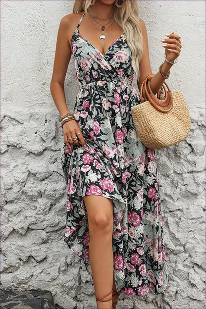 Slip Dress with Floral Print - Boho Summer Escape for Backless, Boho, Casual, Dress, Everyday