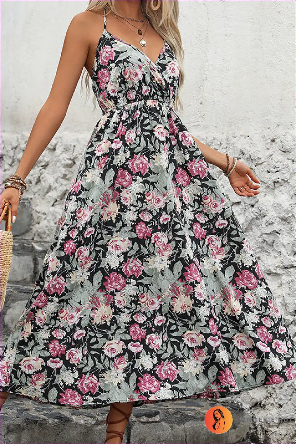 Slip Dress with Floral Print - Boho Summer Escape for Backless, Boho, Casual, Dress, Everyday