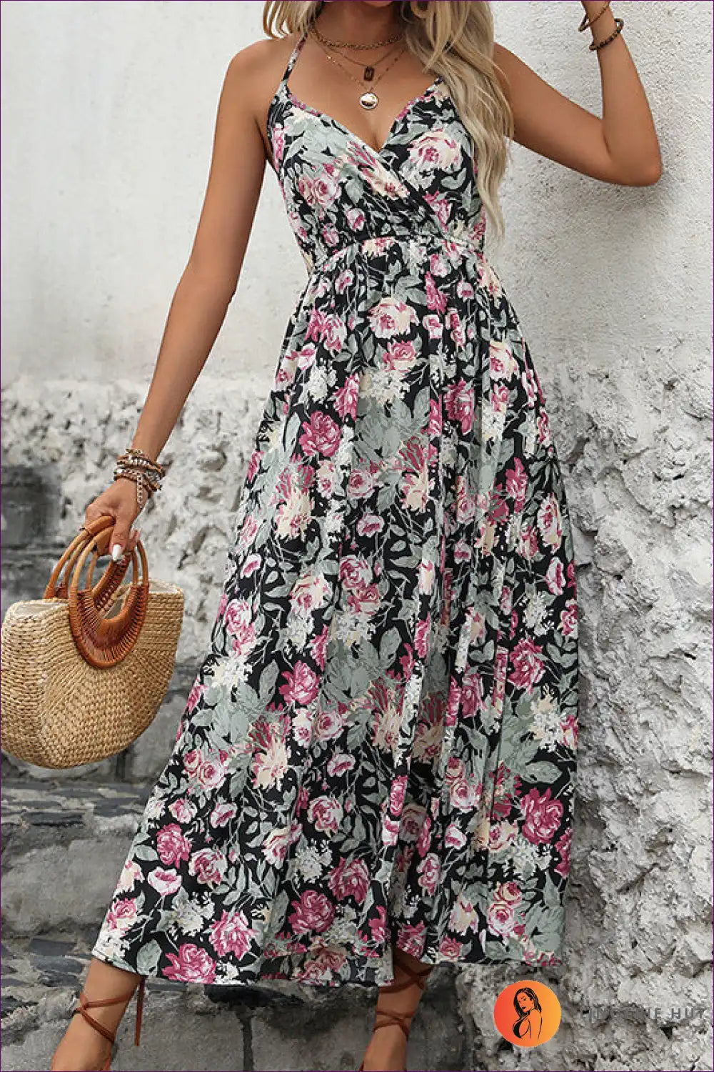 Slip Dress with Floral Print - Boho Summer Escape for Backless, Boho, Casual, Dress, Everyday