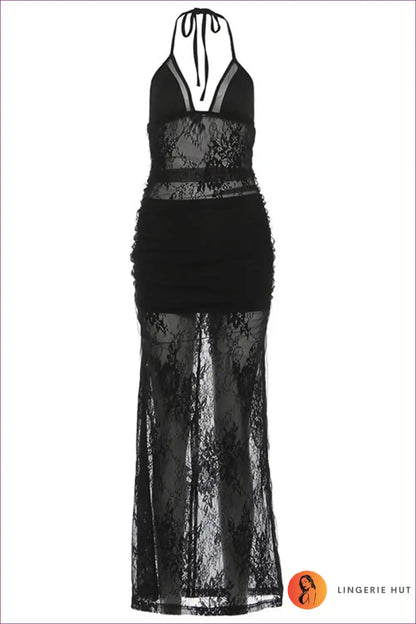 Slip Dress with Lace Panels - Midnight Allure for All Season, Boudoir, Cutout, Date Night,