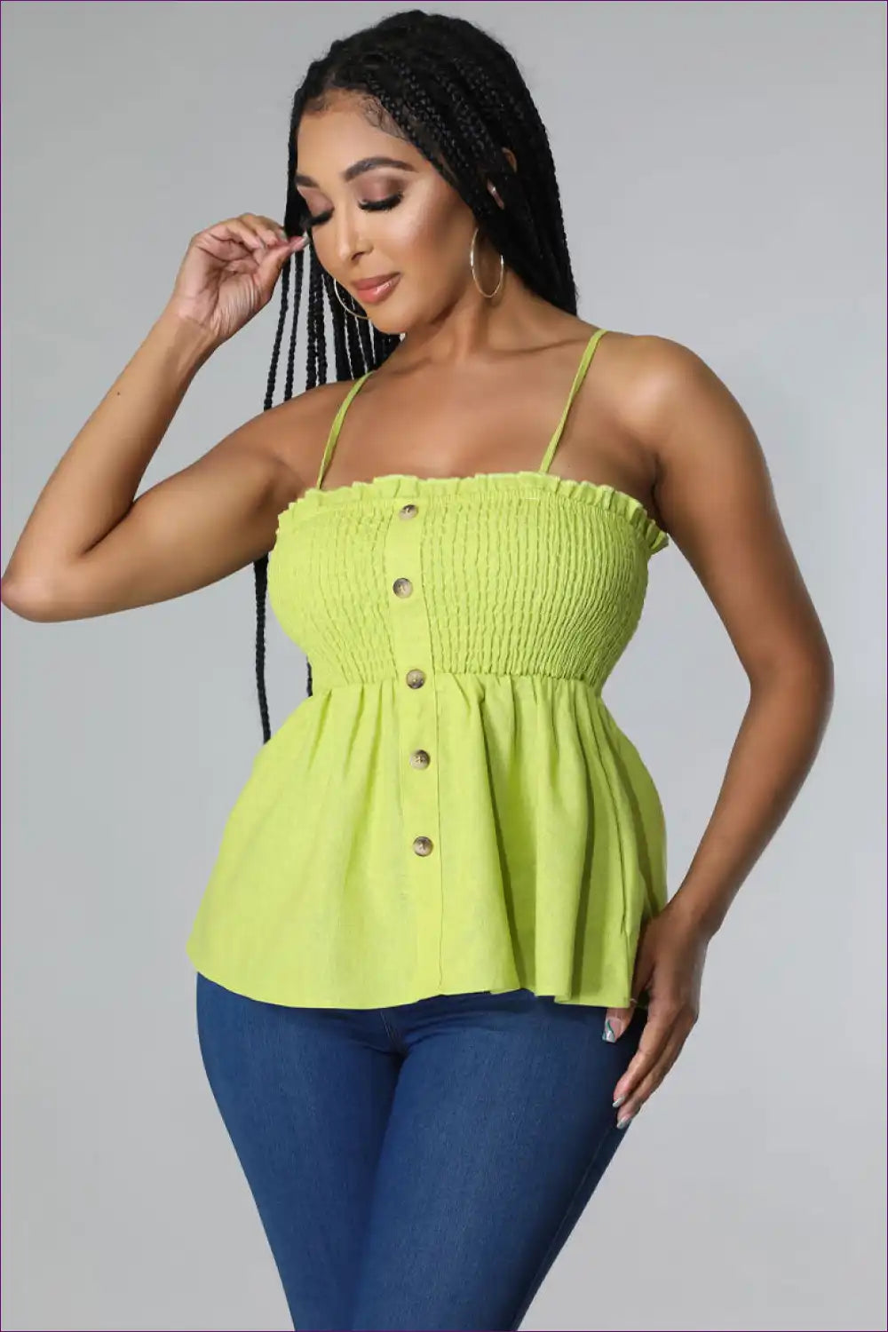 Smocked Button Front Camisole Top with Ruffle Hem - Summer Casual for Boho, Casual, Cotton, Crop, Everyday